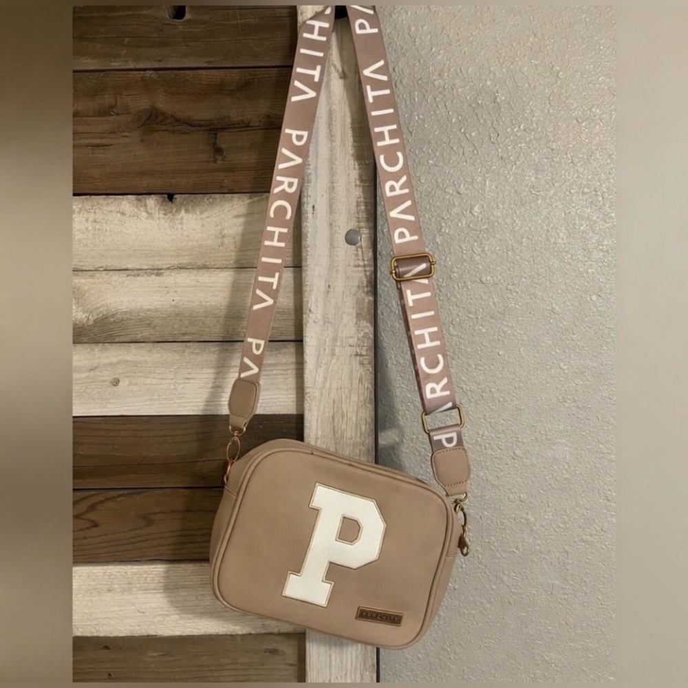 Parchita Colombian - Varsity “P” Crossbody Bag Beige Tan NWT and Dust Bag